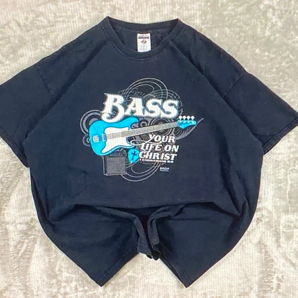 Kids' Graphic Tee with Bass Guitar Design - Black